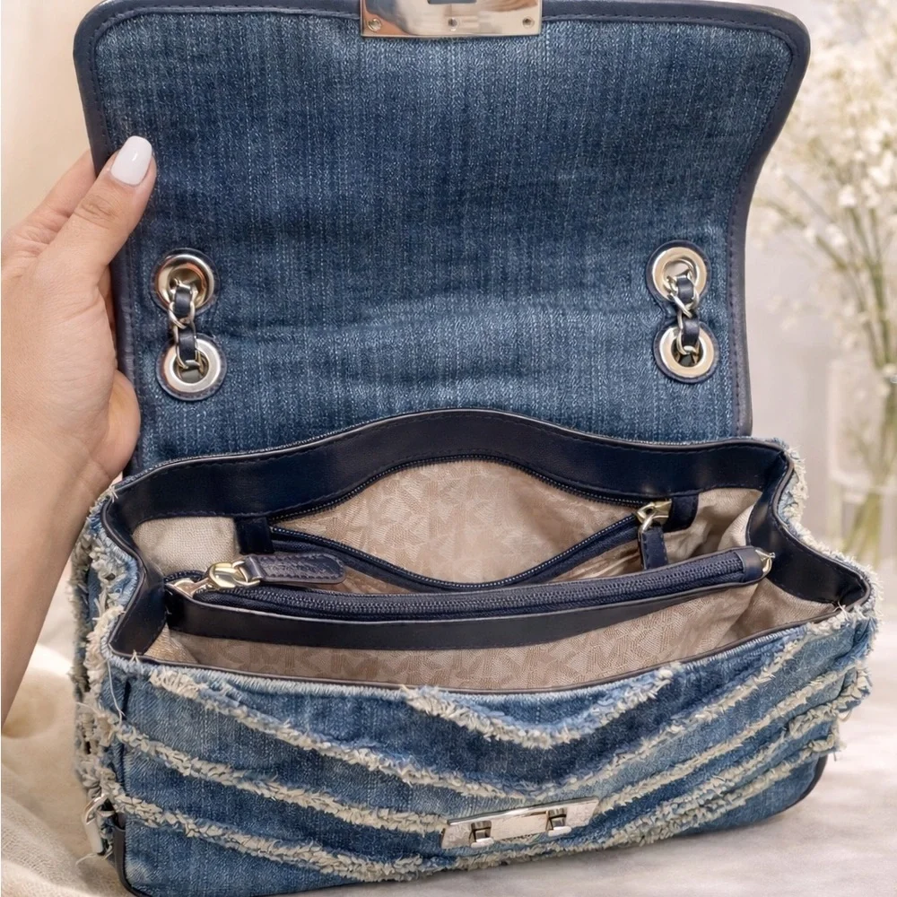 Michael Kors Sloan Small Denim Chevron Patchwork MK Silver Chain Shoulder Bag